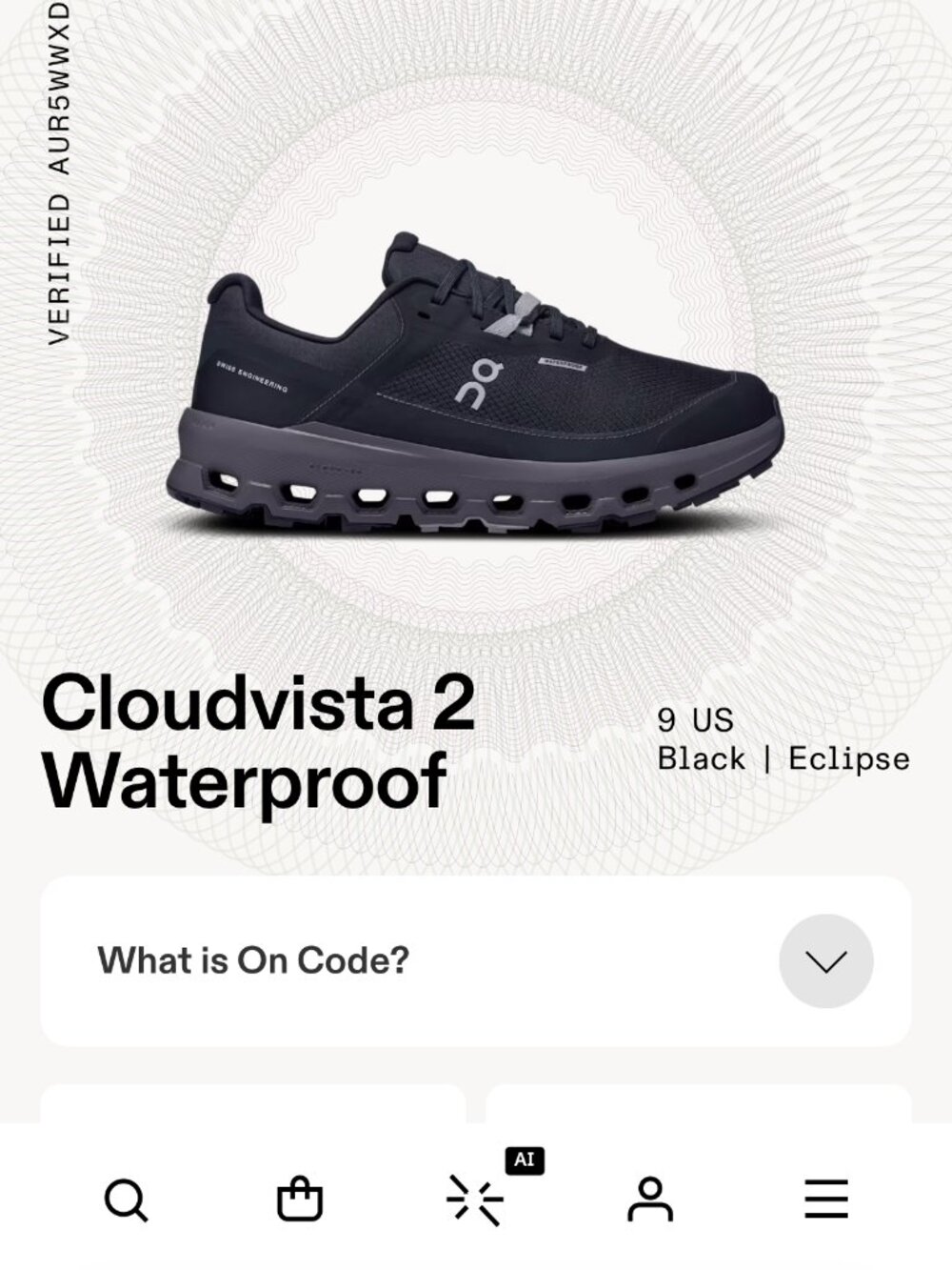ON Cloudvista 2 Waterproof Trail Running Shoe Size 9